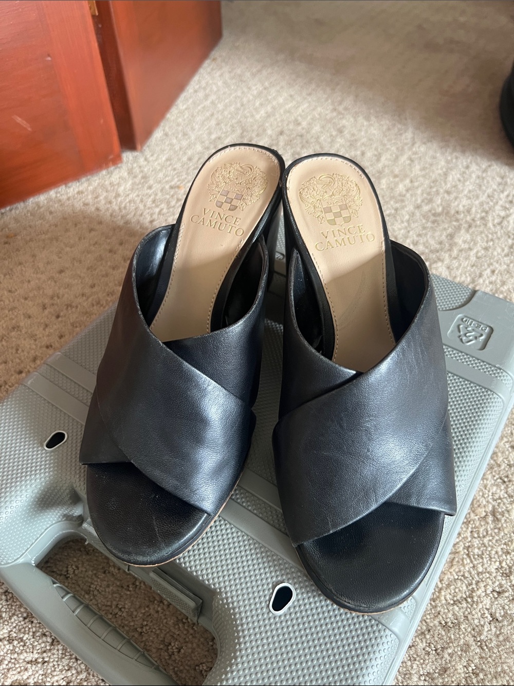 Vince Camuto open toe black block heels